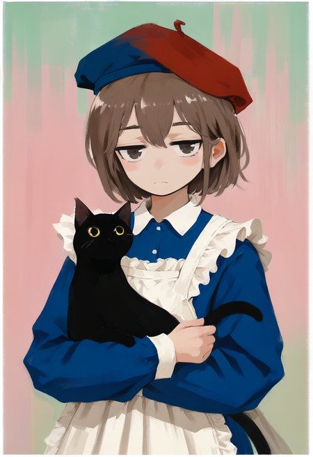 1girl, original, :|, animal, apron, black cat, blue shirt, blush, border, brown eyes, brown hair, cat, closed mouth, clothed animal, collared shirt, expressionless, faux traditional media, frilled apron, frills, hair between eyes, holding, holding animal, holding cat, impasto, jitome, long sleeves, neck ruff, painterly, shirt, short hair, white apron, solo, simple background, outside border, black eyes, white border, no nose, pink background, looking at viewer, upper body, blue headwear, hat, beret, multicolored background, animal focus, green background, red headwear, standing, tareme <lora:xilmoXL_il_lokr_V531:0.95>