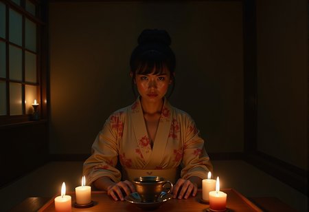 a photograph from the front of a mid twenties woman with short black hair dressed in a kimono she is sitting down drinking tea in a japanese house her hair is done up in a bun she is in a dark room lit by candles she is sitting on the floor with a table in front of her