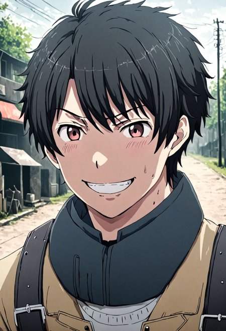 high resolution, solo, best quality, 1Boy, Inaho Kaizuka, Black Hair, portrait, looking at viewer, angry, smile, outdoor, OverallDetail