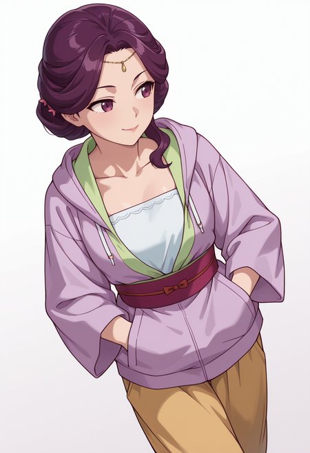 Smooth Quality,masterpiece,very intricate, high quality details, ultra realistic, high detailed skin,detailed enviorement,absurdres,
partially undressed, 
 <lora:Yinghua_CNR:0.8> yinghuacnr, purple hair,  purple eyes,, simple background, white background, dynamic angle,
walking, one hand in pocket, looking aside, casual, confident,  ,rape face,, yukata,  ,hoodie, ,loose pants, ,