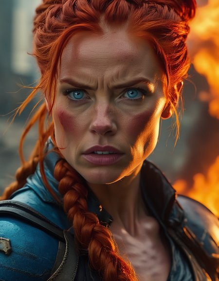 A determined close-up of a woman with fiery red hair tied into a tight braid, her strong jawline and intense blue eyes locked in a fierce stare, her lips set in a resolute line, ready to face any challenge. <lora:usual-portrait-v2:1>
