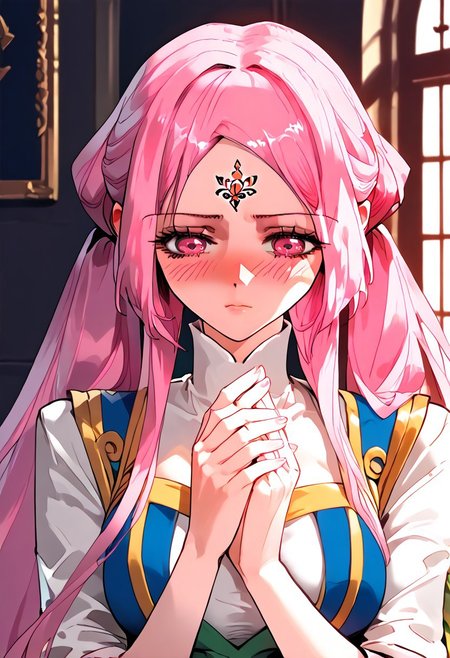 score_9,score_8_up,score_7_up,score_6_up,
source_anime, (best quality), (masterpiece), (extremely detailed), (finely detailed), (detailed face, perfect face, perfect eyes, beautiful detailed shading), (perfect hands), (full colors), blush, 
BREAK, 
cowboy shot, upper body,
1girl, solo, 纳兰嫣然, pink hair, twintails, long hair, pink eyes, large breasts