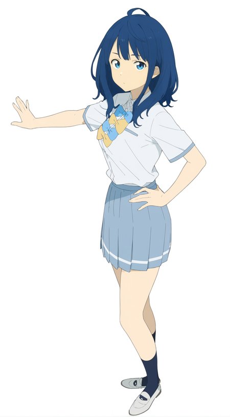 8k, best quality, masterpiece, (ultra-detailed), (high detailed skin), flat color, 
(white background,simple background:1.3), solo, hands on hip, (full body:1.1), looking at viewer, 
<lora:Yanami_Anna-a3-Tanger:0.8>, Yanami Anna, 1girl, blue hair, blue eyes, 
default clothes, socks, white shirt, shoes, short sleeves, blue collared shirt, school uniform,