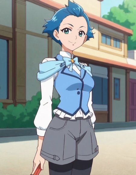 score_9, score_8_up, score_7_up, anime screencap, solo,1girl,junmd, blue hair, pantyhose,  short pants,  black pantyhose, looking at viewer,smile,cowboy shot,medium breasts,wide hip,<lora:junmd_pony:0.8>