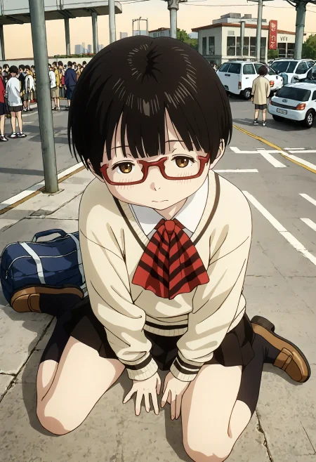 <lora:Hyper-SDXL-8steps-lora:1> <lora:Fixhands_anime_bdsqlsz_V1:1> zPDXL2, score_9, score_8_up, score_7_up, source_anime, intricate details, perfect anatomy BREAK
outdoors, city, tokyo, japan, audience, crowd, sitting, from above, barefoot, looking up,arms between legs, Relieved, Mouth turned up slightly, eyes wide open, and a relaxed jaw., 1girl, solo, solo focus, 
<lora:dededede-koyama_kadode_XL(pony)v10:1> dededede-kadode, black hair, short hair, brown eyes, glasses, school uniform, ascot, yellow sweater, black skirt, black socks, brown shoes,