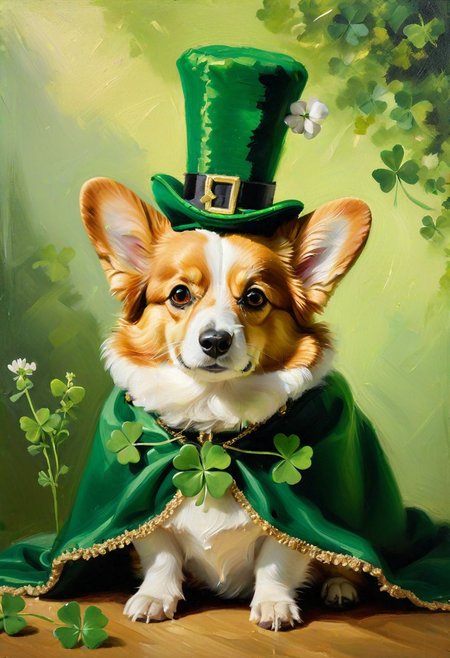 detailed oil painting, fluffy corgi, miniature St. Patrick's Day regalia, bishop's hat, clover-green cape, (gleaming staff:1.3), lush background, brushstrokes, warm light