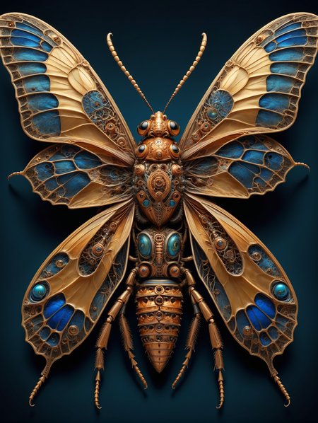 most detailed image of a very high quality masterpiece, glossy surface, vibrant colors, complex composition, volumetric lighting, exquisite detailed features, photorealistic, absurdres, giant moth, entomological diagram, centered, negative space, realistic technical illustration of a mechanical insect, <lora:symmetrical:2> symmetrical, copper and cobalt, gold metallic accents, <lora:dreamy_ntc:-0.5> <lora:ral-frctlgmtry:0.5>