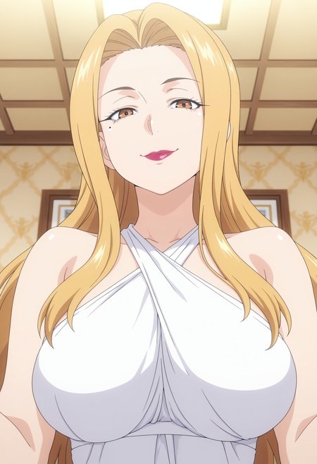 1girl,solo,mm,mature female,long hair,blonde hair,brown eyes,mole under eye,lipstick,large breasts,anime coloring,
bare shoulders,white dress,halterneck,upper body, looking at viewer, smile, indoors, 
,masterpiece,best quality,amazing quality,<lora:Natsume_Sendawara-Shokugeki_no_Souma:0.8>