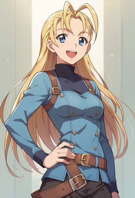 score_9, score_8_up, score_7_up, source_anime,miu furinji, blue eyes, blonde hair, long hair, 1girl, solo, dougi, open mouth, smile, hand on hip, belt, looking at viewer, :d, antenna hair