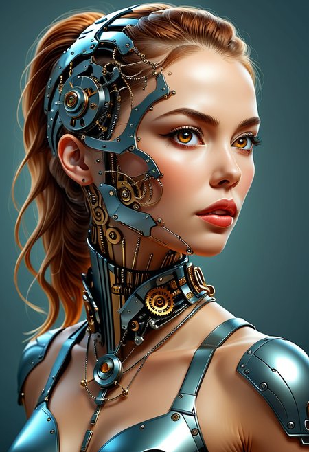 best quality,masterpiece,highly detailed,ultra-detailed,
This is a high-quality digital painting of a young woman with intricate mechanical elements integrated into her neck and face. The artwork features realistic textures and shading, with detailed attention to the woman's smooth skin and the metallic, gear-like components. The image is rendered in grayscale, highlighting the contrast between the soft human features and the hard, mechanical elements. The woman has a calm expression, with large, almond-shaped eyes and full lips, her hair is pulled back, revealing her neck and the elaborate mechanical design. The composition uses the rule of thirds, positioning her face slightly off-center, which draws the viewer's eye to her expressive eyes. The lighting is soft, creating subtle shadows that enhance the three-dimensional effect of her skin and the mechanical parts. There is no watermark or JPEG artifacts present, indicating a high-resolution digital medium. The aesthetic quality of the image is very high, showcasing advanced digital artistry. etail and a polished finish. There are no visible JPEG artifacts.