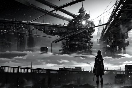 highly insanely detailed, masterpiece, top quality, best quality, highres, 4k, 8k, RAW photo, (very aesthetic, beautiful and aesthetic),  
tsutomu nihei,nihei_tsutomu,blame!,blame gakuen!,abara,TNstyle,sidonia_no_kishi,(deep horizon,megastructure in background,tower),bones,wire,drainpipe,clouds,light particles,concrete walls,metal walls,bridge,star \(sky\),starry sky,mist,steam,decrepit, 
<lora:ABARA:0.5>, 
(1girl:1.3), 
solo focus, 
Subway,Metro,âââ