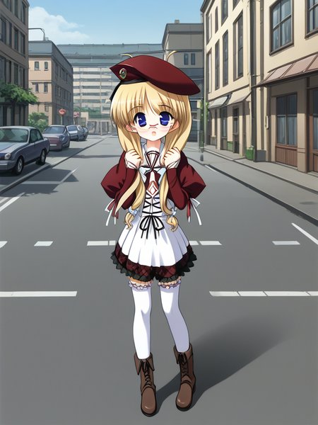 1girl, solo, yukiponeleeyes, blonde hair, long hair, low twintails, low-tied long hair, hair ribbon, ahoge, blue eyes, glasses, rimless eyewear, beret, kouryoukan_academy_school_uniform, white thighhighs, frilled thighhighs, shoes, brown boots, outdoors, city, street, open mouth, smile, (full body:1.5),
