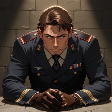 masterpiece, best quality, amazing quality, absurdres, newest, detailed background, definition so sharp, Ultra-HD, 8K cinematic, very awa, impressionate, amazing quality, highres, 
solo, male focus, manly, shadow, shiny skin,
shimonmakusu, shimon_brunette, shimon_orange eyes, 1boy, short hair, stubble, goatee, mature male, authority, commanding_presence, stern_expression, military_uniform, leather_gloves, imposing, disciplined, unyielding, straight_posture, leader, sharp_suit, power_stance, stone_face