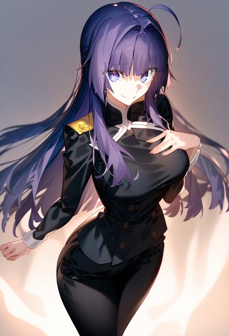 (score_9, score_8_up, score_7_up, source_anime) (masterpiece:1.2, best quality), (finely detailed eyes: 1.2) (ultra-detailed, hires), (detailed face, detailed eyes), (best illumination), detailed glow, high contrast, looking at viewer, ((solo)), emotionless, smile, squinted eyes, closed mouth, 1girl, solo, (large breasts, thin waist, wide hips), raiden_mei, ((dark_purple hair)), indigo eyes, long hair, blunt bangs, ((red peacoat, closed peacoat, black trousers)), face shot, cowboy shot, no background, empty background, (masterpiece, best quality, very aesthetic, absurdres), (ultra detailed perfect piece:1.2), illustration, masterpiece, (extremely detailed CG 8k), (very fine 8K CG), <lora:add-detail-xl:-1>