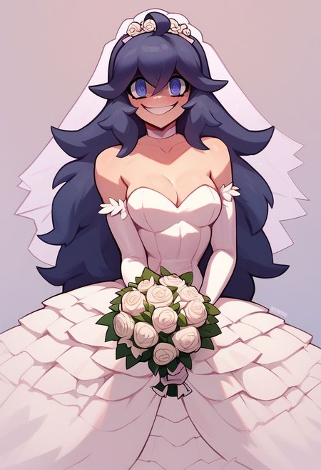 score_9, score_8_up, score_8, medium breasts, (curvy), cute, eyelashes,   solo, 
hex maniac (pokemon), smile, looking at viewer, , bride, wedding dress, bridal veil, strapless dress, elbow gloves, holding bouquet,