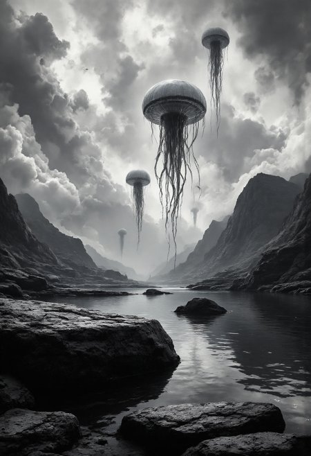 breathtaking cinematic photo Silhouette Art, This is a black-and-white digital artwork depicting a surreal, ethereal scene featuring three large jellyfish-like creatures floating in the sky. The jellyfish are translucent with tentacles extending downwards, creating a sense of movement and mystery. The foreground features a large, rough-textured rock situated on a rocky outcrop. The rock is situated on the edge of a body of water, which reflects the sky above, adding depth to the scene. 
In the background, the landscape is rugged and mountainous, with rolling hills and valleys. The sky is overcast with dramatic, swirling clouds, giving the image a moody and ominous atmosphere. The overall color palette is monochromatic, emphasizing the stark contrast between the dark, shadowy areas and the lighter reflections in the water. The textures of the rock and the jellyfish are detailed, adding a sense of realism to the fantastical elements. The composition is balanced, with the jellyfish occupying the upper half of the image and the rock and landscape occupying the lower half. This artwork combines elements of fantasy and surrealism, creating a haunting and otherworldly scene.
 <lora:detailed_v2_flux_ntc:2>  <lora:aidmaFLUXpro1.1:1> <lora:aidmaMJ6.1:1>, high contrast, well defined, Silhouette Art, detailed skin texture, (blush:0.5), (goosebumps:0.5), subsurface scattering . 35mm photograph, film, bokeh, professional, 4k, highly detailed . award-winning, professional, highly detailed