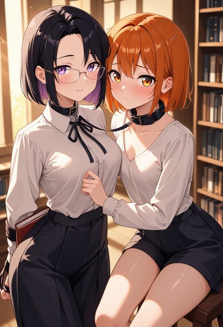 masterpiece, best quality, good quality, very aesthetic, absurdres, newest, 8K, depth of field,  in the style of cknc, artist:moriimee, in the style of cksc, 
2girls, original characters, yuri, librarian domme, long black hair, sleek, purple eyes, small breasts, firm, glossy skin, wearing glasses, tight blouse, holding book leash, soft smile, shy assistant, short orange hair, wavy, amber eyes, medium breasts, perky, glossy skin, wearing collar, wrists bound with ribbon bookmark, sitting on ladder, blushing hard, looking at viewer, from front
BREAK
quiet library, white bookshelves, sunlight streaming
BREAK
anime style, vibrant colors, high contrast, dynamic light, golden glow, sharp outlines, rich details, romantic yet edgy atmosphere
