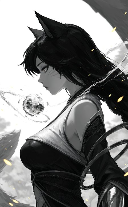 ahri \(league of legends\), league of legends, 1girl, black hair,
upper body shot, glowing shiny clothes, shiny glowing arms, portrait, profile,  
greyscale, monochrome, 
depth of field, background, glowing theme, yellow embers floating around, 
outdoors, (scenery:1.2), 
very awa, best quality, highres, masterpiece, very aesthetic,
<lora:nhl-003:0.9> nhl-003,