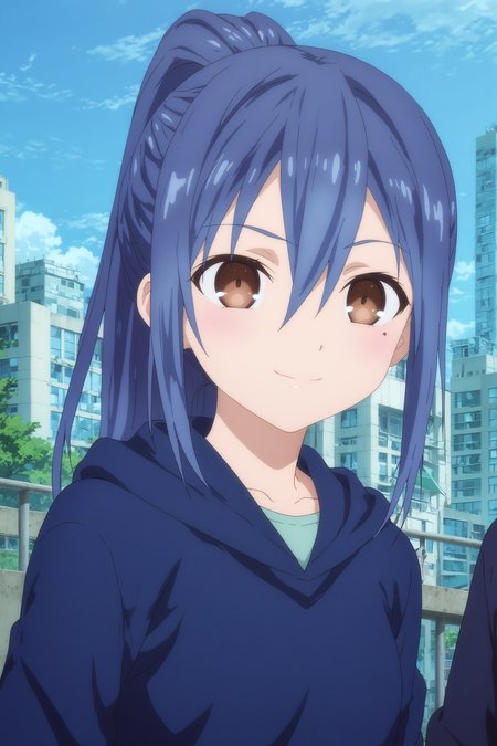  mana takamiya,1girl,solo,long hair,ponytail, hood, mole_under_eye, mole,hair between eyes,collarbone,hoodie,upper_body, BREAK smile,standing BREAK  outdoors,blue_sky,city,building  