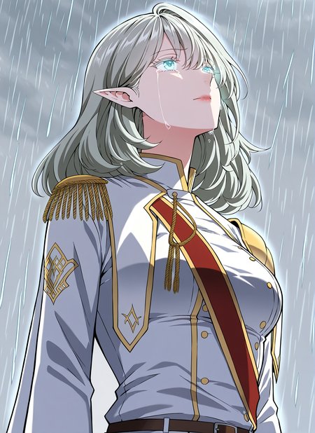 <lora:Alea_Triscan__The_Beginning_After_the_End__Illustrious:1>
1 girl, solo, elf, pointy ears, light blue eyes, grey hair, medium hair, hair behind ear, hair between eyes,ahoge,  military uniform, white cape, epaulettes, jewelry, white pants, long sleeves, belt, white jacket, red sash
(masterpiece, sidelighting, finely detailed beautiful eyes: 1.2), masterpiece*portrait, glowing eyes, shiny hair, lustrous skin, solo, looking up, rain, grey sky, head back, full body, outdoors, crying,