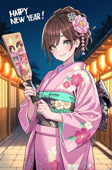 masterpiece,best quality,amazing quality,very aesthetic,absurdres,newest, huge filesize,
<lora:spo_sdxl_10ep_4k-data_lora_webui:0.5>,
<lora:add-detail-xl:1>
Yamashita_shunya_STYLE, kimono, japanese clothes, green eyes, brown hair, hair ornament, smile, flower, floral print, paddle, pink kimono, sash, hair flower, holding, obi, new year,
<lora:Yamashita_shunya_STYLE:0.8>  
Yamashita_shunya_STYLE,