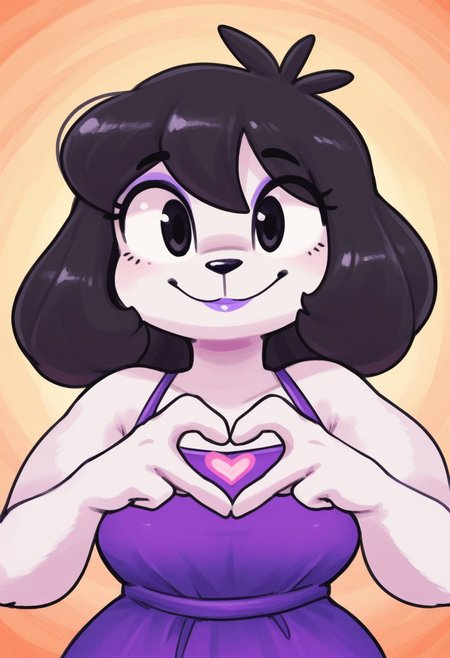 1girl, solo, medium build, medium hair, sfw, safe for work, covered skin, flowy dress,  black eyes, purple lipgloss, smiling, portrait, upper body, heart hands, foreshortening, detailed, newest, furry female, furry, anthro, kiseff,