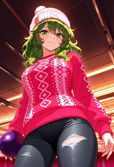 masterpiece, best quality, amazing quality, very aesthetic, absurdres, newest, (view from below:2), ANDROMESHUN, SHUNPLAIN, slender figure, long wavy green hair, green eyes, bowling alley, holding bowling ball, pink christmas sweater, torn pants, cyan beanie, smile