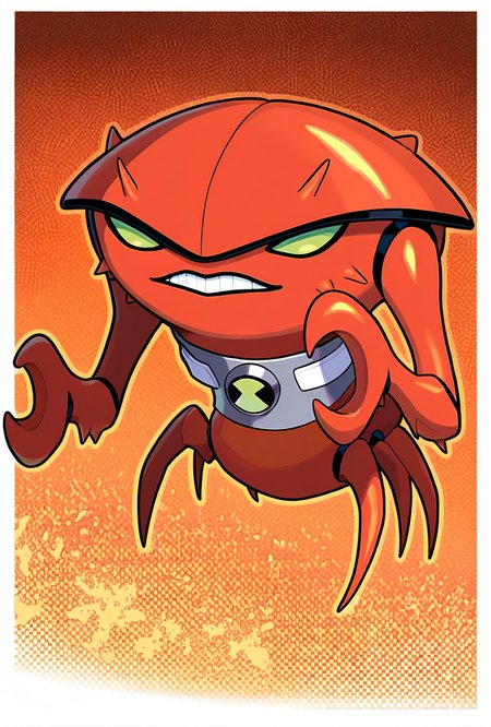 <lora:brainstorm-07:1> brainstorm, solo, teeth, no humans, pokemon (creature), green eyes, clenched teeth,  crab, craw claws, , , collar, orange background, smile, no legs,, masterpiece, best quality, amazing quality, very aesthetic, absurdres, newest,, upper body, halftone effect, white borders, abstract background:1.2,