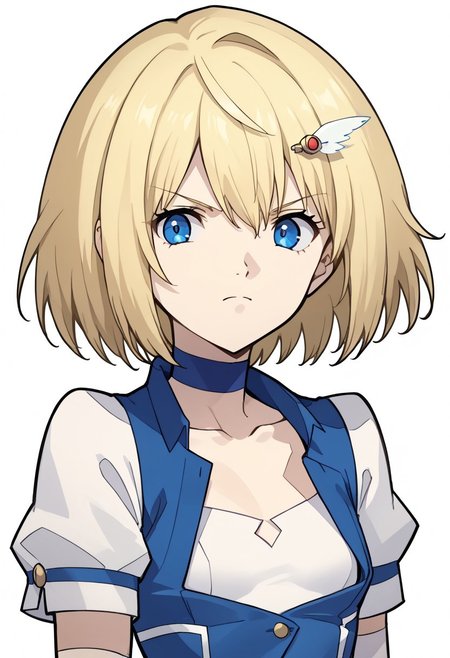 rating_safe, score_9, score_8_up, score_7_up, source_anime, 
1girl, solo, ,saoriprismshirley, magical girl, blonde hair, short hair, blue eyes, hair ornament, blue choker, white shirt, collarbone, bleavage, small breasts, blue vest, puffy short sleeves, gloves, elbow gloves, standing, serious, upper body, p3reloadportraits, portrait, white background