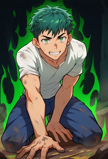 masterpiece, best quality, amazing quality, Bokun art style, male focus, solo,
1boy, shirt hair, dark green hair, crown braid, outstretched hands, kneeling, green eyes, dirty, teeth, black roots, green aura,