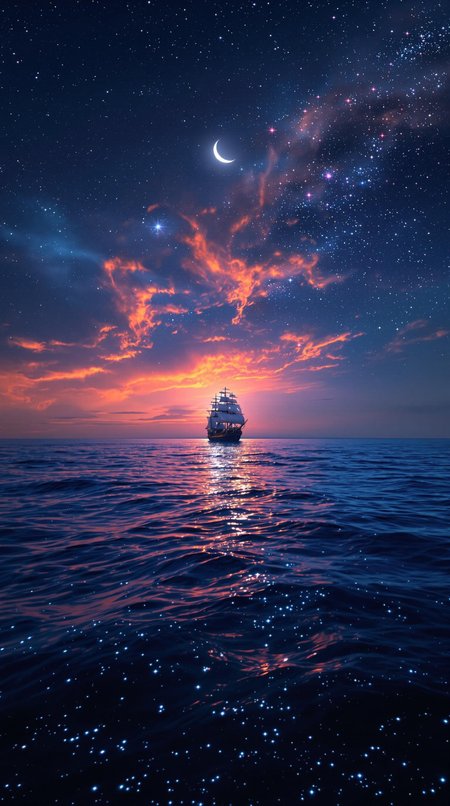 A breathtaking cinematic shot of a celestial seascape, where a lone ship glides across the deep blue ocean. The ancient vessel stands out against the backdrop of a mesmerizing sky, painted with vibrant hues of fiery orange and pink that seamlessly blend with the inky blackness of night. A crescent moon casts a soft glow, illuminating the bioluminescent shimmer of the water. The vast ocean and celestial sky evoke a sense of tranquility, wonder, and awe. The solitary ship adds an air of mystery and adventure, inviting the viewer to embark on a fantastical journey. This conceptual art piece masterfully blends natural beauty with artistic imagination, capturing the magic of the night sky and the allure of the open sea.