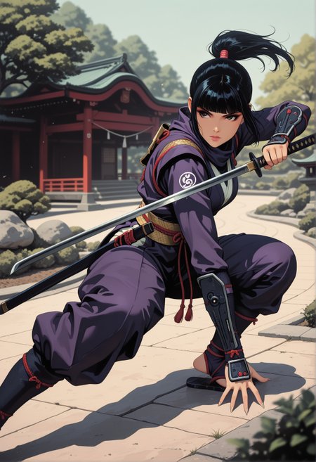 <lora:ck-shadow-circuit-IL:0.60>,
masterpiece, best quality, good quality, very aesthetic, absurdres, newest, 8K, depth of field, focused subject,
dynamic angle, a ninja, 1girl, fighting stance, adamantium claws, wielding a katana, japanese garden, sci-fi, illustration, retro
<lora:MoriiMee_Gothic_Niji_Style_Illustrious_r1:0.30>
<lora:ck-nc-cyberpunk-IL-000011:0.30>
 <lora:ck-70s-scifi-IL:0.40>