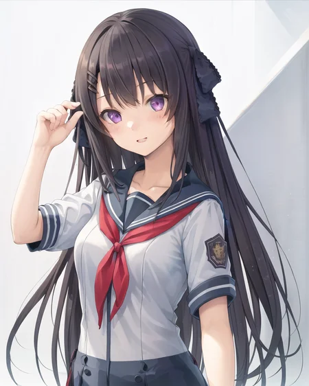 best quality,highly detailed,masterpiece,ultra-detailed,solo,(1girl),(Delicate eyes),(white background:1.3),(seifuku:1.2),purple eyes,hair_ribbon,black hair,