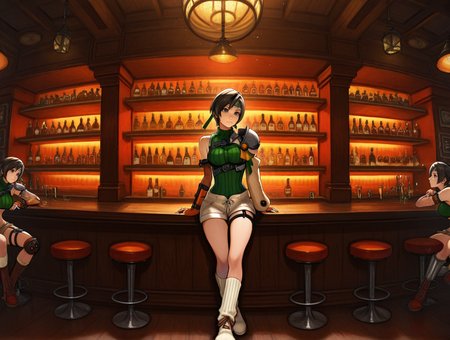 high quality, best quality, masterpiece, highres, very aesthetic, absurdres, <lora:illustrious_quality_modifiers_masterpieces_v1:.9>, <lora:NSFWFilter_illusXL_Incrs_v1:-.5>, solo focus, full body, wide shot, multiple views, 
Yuffie Kisaragi \(FINAL FANTASY VII\), short hair, black hair, grey eyes, medium breasts, forehead protector, fishnet sleeves
, indoors, at a bar, <lora:Omar_Dogan_IDK:1>