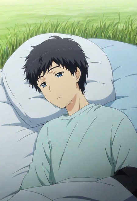 high resolution, solo, best quality, 1Boy, Arata Kaizaki, Black Hair, Blue Eyes, sleep, meadow hills, wind breeze, OverallDetail
