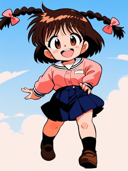 score_9, score_8_up, score_7_up, source_anime, rating_explicit, BREAK <lora:Shinba_Kurumi_XL:0.9>Shinba_Kurumi, brown hair, brown eyes, twin braids, hair bow, pink bow, short hair, short stack, 
long sleeve, skirt, smile,
skyã
