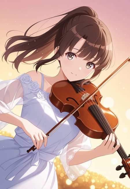 (solo), 1girl,Megumi <lora:IL-KatoMegumi:0.8>,brown hair,katou megumi,brown eyes,ponytail ,long hair, ((detailed eyes)),

dynamic angle, cinematic framing, (digital painting:0.8), (aura:0.2), MythAn1m3, bokeh, (luminescent background:0.8), 

elegant, masterpiece, best quality, highly detailed, high contrast, dramatic shadows, raytracing, subsurface scattering,

playing violin, violin, soft smile, wind tussling hair, elegant white dress, off shoulder dress, floral embroidery, translucent sleeves , glowing lights background, light particles, dreamy atmosphere, looking at viewer,depth of field, outdoor, simple background