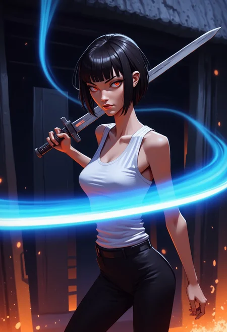 A woman in black pants and a white top wields a glowing blue katana. Her short black hair partially obscures her intense, red-eyed gaze. Sparks and embers fly around her in the dimly lit, blurred background. Anime style, high contrast, and saturated colors. ShStyRobVal