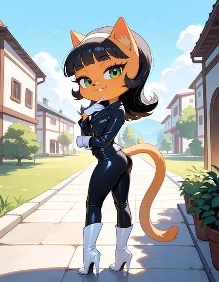 masterpiece, best quality, very aesthetic, absurdres,
outdoors, standing, posing, 
full body, seductive smile, parted lips, long eyelashes,
white gloves, white high heel boots, black pants, black jacket, long sleeves, 
<lora:Kitty_Katswell_v01_NAIXL:1>
K1tty_Kat6w3311, 1girl, solo, furry, furry female, animal ears, long hair, black hair, hairband, blunt bangs, flipped hair, green eyes, animal nose, body fur, orange fur, cat tail,