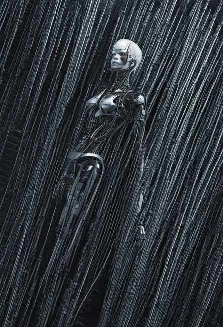 Blame! by Tsutomu Nihei In the darkness there lurks a female cyborg, she has machines and tubes for body parts, and seamless pattern,machinery, respirator, breastplate, white hair, robot joints, ethereal beauty, the creature stands  in corridor filled with exposed wire and tubes,  very slender and his body is bionic, the woman cybory looks very beautiful, colourful