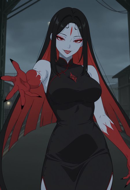 1girl,solo,mm,mature female,long hair,red eyes,makeup,breasts,anime coloring,
multicolored hair,colored inner hair,two-tone hair,black hair,red hair,colored skin,forehead mark,black dress,outstretched arm, cowboy shot, standing,looking at viewer, seductive smile, open mouth, outdoors, 
,masterpiece,best quality,amazing quality,<lora:Sheyao-Capsules_Hero:0.8>