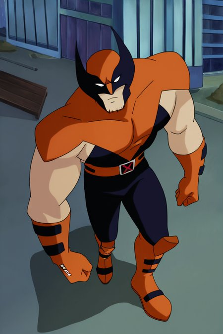 masterpiece, best quality, highres, newest, wolvevo, 1boy, solo, male focus, mature male, facial hair, stubble, bodysuit, orange bodysuit, black bodysuit, two-tone bodysuit, short sleeves, orange gloves, mask, covered eyes, white eyes, no pupils, belt, muscular, clenched hands, looking at viewer, standing, full body, outdoors, city, building <lora:Wolverine (Logan) X-Men Evolution (First Suit+Unmasked) v1.1 [LoRA] - NoobAI-XL EPS 1.0:0.8>