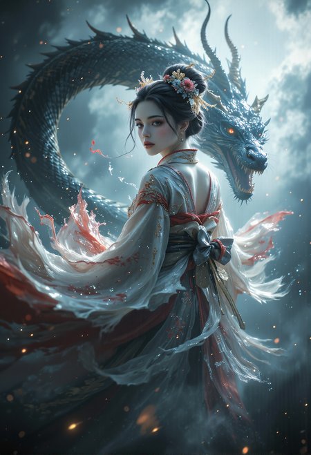 A depiction of a geisha with flowing, delicate robes that ripple gracefully in the wind, (disintegrating and dissolving into fog and smoke:1.7), (blending form with reality:1.7). A majestic flying Serpent coils behind her, emerging partially from the shadows with an air of mystery and power. Framed in thick volumetric fog, the scene is bathed in diffused light that enhances the ethereal and dreamlike quality. Delicate, whispering tendrils of drifting fog interweave with cracked light and scattering smoke, creating an eye-catching masterpiece artwork that feels both surreal and hauntingly beautiful. <lora:aidmaImageUpgrader-FLUX-V0.2.safetensors:0.66>,  <lora:FluxDFaeTasticDetails.safetensors:0.2>,  <lora:midjourney_whisper_flux_lora_v01.safetensors:0.5>,  <lora:black_fantasy.safetensors:0.5>,  <lora:Midjourney_-_SemiReal_Dreams_FLUX_LoRA.safetensors:0.5>,