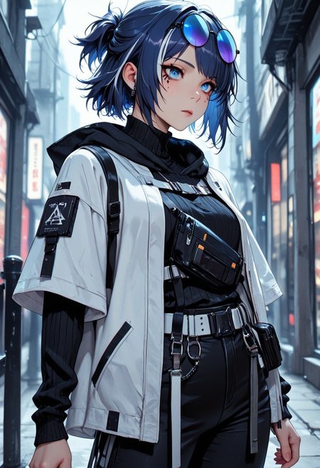highres, very detailed, amazing quality, masterpiece,
very aesthetic,
particle effect,
1girl, Andreana from Arknights, short hair, streaked hair, blue hair, white hair, short ponytail, blue eyes, round eyewear on eyes, blue-tinted eyewear, white jacket, hooded jacket, hood down, open jacket, layered sleeves, short over long sleeves, black sweater, turtleneck sweater, black pants, white belt, black bag, fanny pack,
Close up, depth of field, ray_tracing, cowboy shot, extreme foreshortening, very aesthetic, cinematic,