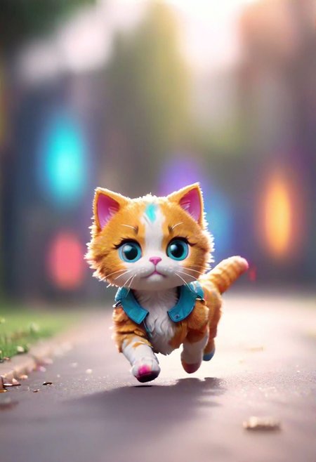 Boogie Nights style, cinematic film still of a cute chibi colorful cat running towards the viewer, bokeh blur background, realistic, detailed, 8K resolution, masterpiece