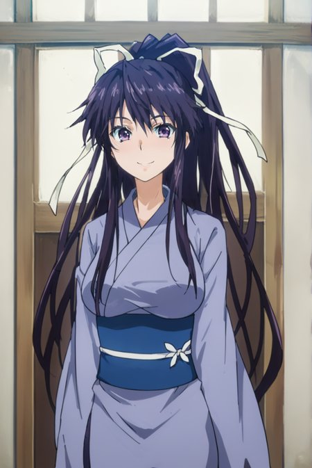 score_9, score_8_up, score_7_up, score_6_up, score_5_up, score_4_up, BREAK source_anime, 1girl, solo,
<lora:Kanzaki-Pony-v2-08:1.0>, ChopioK4nzaki, very long hair, black hair, high ponytail, sidelocks, hair between eyes, purple eyes, looking at viewer,
anime coloring, medium breasts, 
hair ribbon,
outfit_2, purple kimono, blue sash, wide sleeves,
ryokan, sliding doors, standing, smile, arms at sides, upper body,