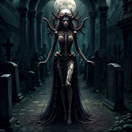 masterpiece,best quality,absurdres,high details,8K,photorealistic,at distance,cowboy shot,1girl,amaizing body,long hair,makeup,outstretched arms,full body front photo,symmetrical pose,necromancer,bones ornament,(graveyard:1.4),skeletons come out of the ground,<lora:Concept_-_More_Details_v1.0:1>,<lora:EvilM:0.3>,creature,ancient,dark,evil,<lora:Concept_-_Hella-sthetic_v2:0.4>,full moon,<lora:Clothes_-_Bone_Dress_v1:0.3>,dgBones,dress made of bones,<lora:bones_20230817015333:0.3>,helmet made of bones,, intricate, elegant, highly detailed, symmetry, magical atmosphere, sharp focus, majestic, very coherent, radiant, advanced, cinematic, artistic, fine detail, winning, beautiful, stunning, dramatic light, designed, rich deep colors, perfect professional background, ambient, tailored set composition