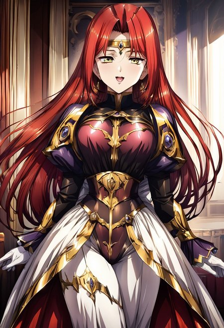 (best quality) , (highly detailed) , (best quality) , (highly detailed) ,((masterpiece)), ((best quality)), (ultra-detailed), ((extremely detailed)), (high resolution), 4K, (8K), best quality, (beautiful), (dynamic lighting), (super detailed skin), sharp focus, 1girl
<lora:fana_v1:1>,fana,circlet,red hair,yellow eyes, smiling, long hair
<lora:Fixhands_anime_bdsqlsz_V1:1>,
BREAK
palace, curtains, light particles, dim lighting, tiara, see-through sleeves,blue harem pants, jewelry, crop top, midriff, strapless, baggy pants, smile, half closed eyes,smug, open mouth, see-through silhouette,  <lora:Jasmine DG PonyXL-000003:1> (((lustrous skin:1.5,bright skin: 1.5,skin,shiny skin,very shiny skin,shiny body,plastic glitter skin,exaggerated shiny skin,illuminated skin))),(detailed body,(detailed face)), Face Focus, Upper Body