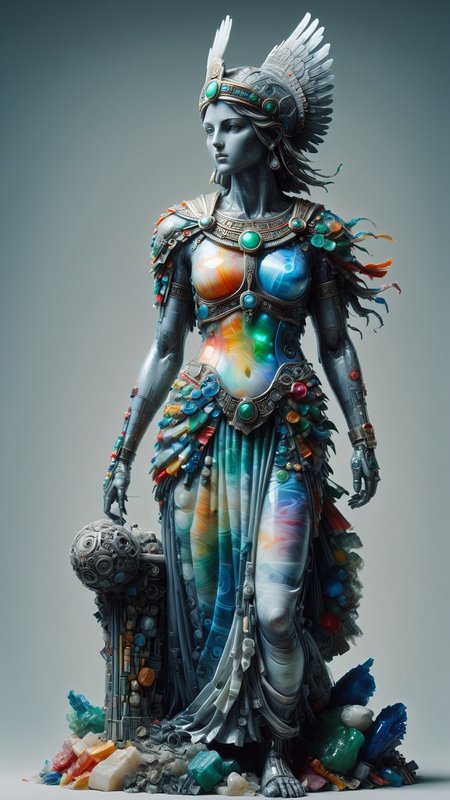 A hyper realistic opal statue of Greek goddesses Athena with colourful metallic carvings, (((blurred gray background))), highly detailed by John William Waterhouse and Annie Leibovitz and Steve McCurry, David Lazar, Neo-Gothic, gothic, arabic, rich deep colors. Beksinski painting, part by Adrian Ghenie and Gerhard Richter. art by Takato Yamamoto. masterpiece. intricate artwork by Tooth Wu and wlop and beeple, greg rutkowski, very coherent symmetrical artwork, cinematic, hyper realism, high detail, octane render, unreal engine, 8k, Vibrant colors, Smooth gradients, High contrast, depth of field. by Katsuhiro Otomo, full body character drawing, inspired by Evangeleon, clean ink detailed line drawing, intricate detail, extremely detailed, 
 <lora:ObsidianEmeraldOpal:0.5>obsidianemeraldopal,   <lora:dvr-trsh:1>dvr-trsh