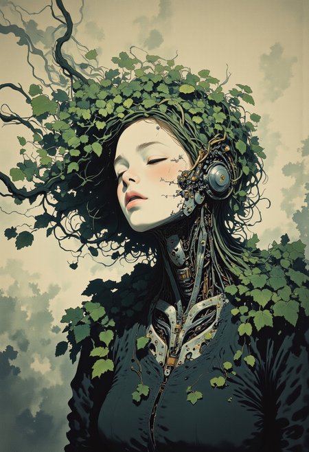 Studio Ghibli Dark Fairytale, intricate cyborg Portrait of a female Robotic entity with Long billowing Hair Made of leafs, Pale blushed mechanical Face, intricate wiring and cables are exposed at her neck,